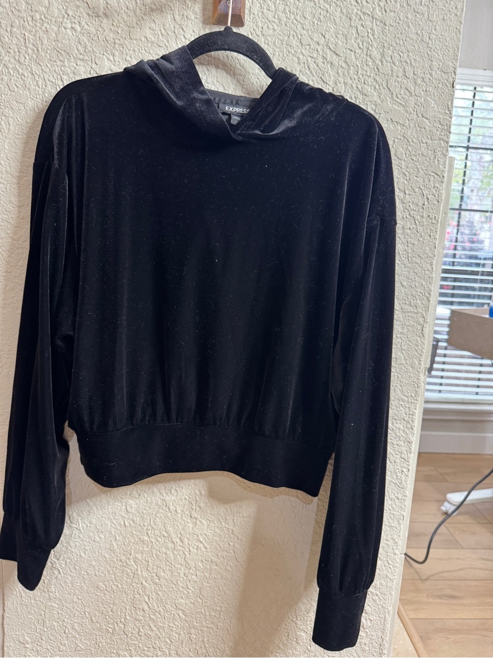 Express Black Velvet Hooded Pullover Top crop L